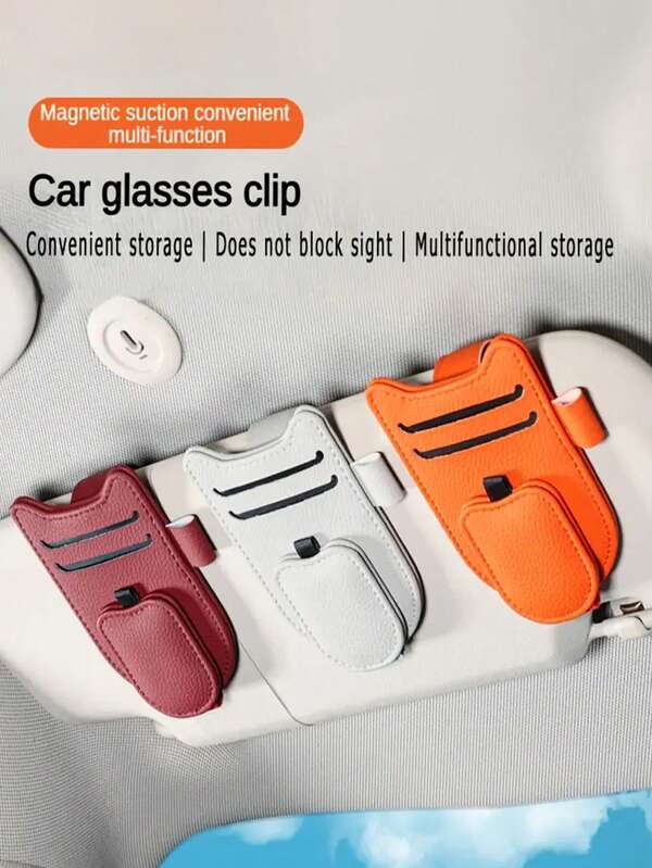1 قطعة حقيبة تخزين للشمس بأذن قطة من جلد البولي يوريثان - متعددة الوظائف مع مشبك، متعددة الألوان، مناسبة للنظارات والبطاقات والأقلام، ملحق سيارة محفوظ للمساحة، جلد البولي يوريثان الميكروفيبر، ملحق سيارة حديث | إغلاق سحاب متين، معلق للشمسية، حامل بطاقات الإيصالات