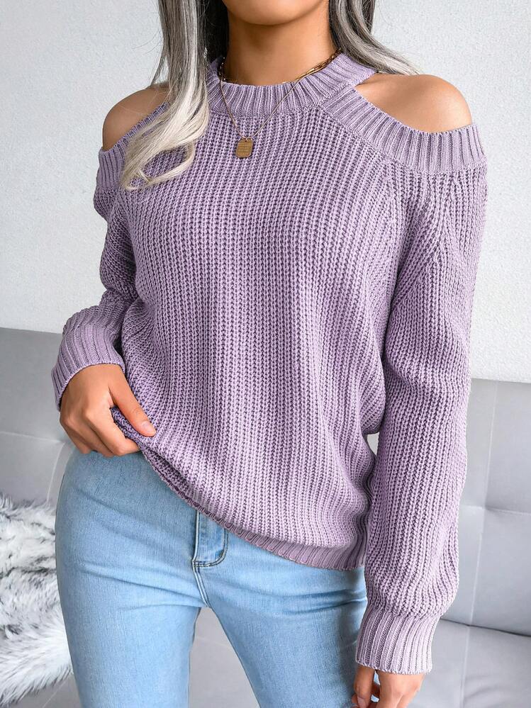 Casual Round Neck Off-Shoulder Solid Color Long Sleeve Knit Pullover Sweater, Autumn/Winter Spring - Light Purple - View 1