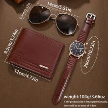 3-Piece Luxury Gift Set For Men: Brown Strap Quartz Watch (Black Dial, Roman Numerals, Date Display, Rhinestones) + Gold Aviator Sunglasses With Brown Lenses + Brown PU Leather Wallet, Fashionable For Daily And Business Use, Perfect Birthday/Anniversary/Christmas Gift