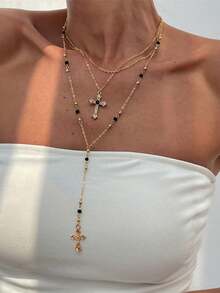 3pcs/Set Elegant Versatile Minimalist Layered Cross & Y-Shape Tassel Necklace, Suitable For Men & Women, Ideal For Holidays, Parties, Daily Wear, Wonderful Gift For Halloween, Christmas, Thanksgiving