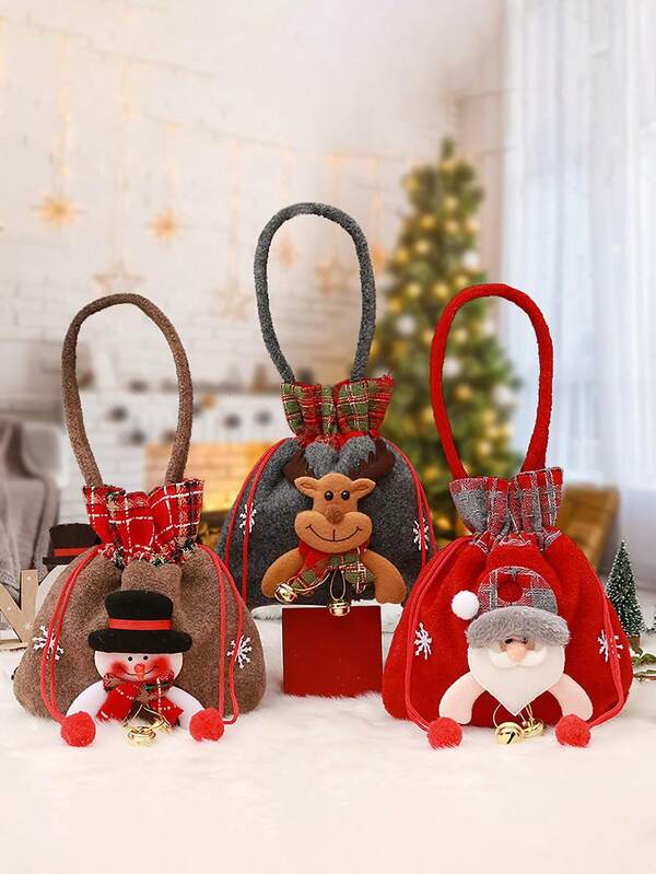 1 Set/3 Stücke Weihnachtsgeschenktüten, Feiertagsleinwand-Tragetaschen mit Weihnachtsmann- und Rentier-Mustern, kleine Süßigkeiten- und Obstbeutel, Aufbewahrung für Zuhause und Küche, Partygeschenke, Feiertagsgeschenkverpackung