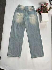 Jeans de pierna ancha de cintura media y baja lavados de estilo retro para mujeres en verano, estilo americano, corte holgado, estilizador, versátil, pantalones colgantes de papá de talla pequeña - Azul - Ver 7