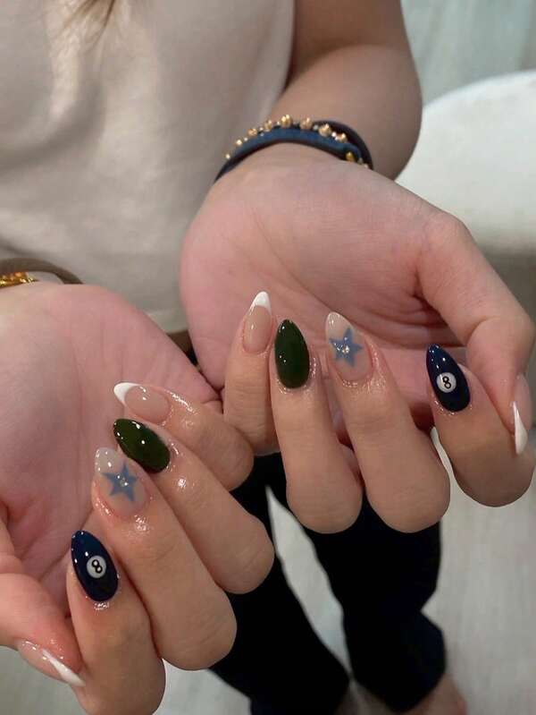 24pcs Medium Almond Press On Nails French Tip Nails Star Bowling Design Elegant & Chic For Women Girls Fake Y2k Nails Art Daily Dating Office Home Party