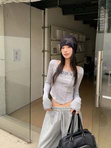 女式休闲日常字母图案圆领修身长袖 T 恤 - 灰色 - 查看 1