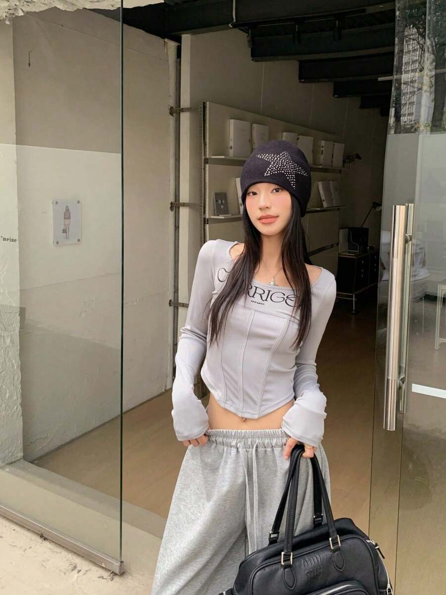 女式休闲日常字母图案圆领修身长袖 T 恤 - 灰色 - 查看 1