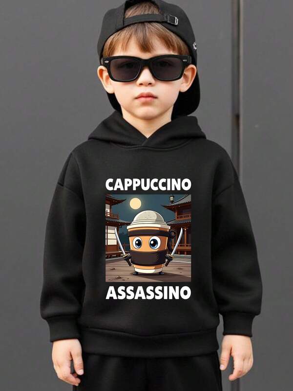 Felpa con cappuccio da ragazzo con stampa divertente di caffè e grafica a lettere, adatta per autunno/inverno