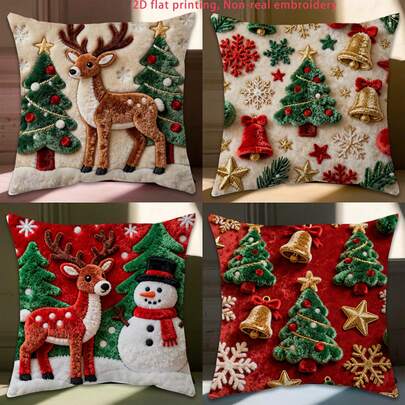 1pc/4pcs Christmas 2D Xmas Element 3D Print Pillow Cover, Peach Velvet Durable And Soft To Touch, Suitable For Christmas Gift, Decor For Yard, Garden, Outdoor Furniture, Winter, Living Room Sofa Cushion Cover (No Pillow Insert) 18"X18" (45cm*45cm) *1pc/4PCS