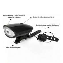 Kit Lanterna Farol Led Bike C/ Buzina Recarregável Bicicleta - Preto - Visão 3