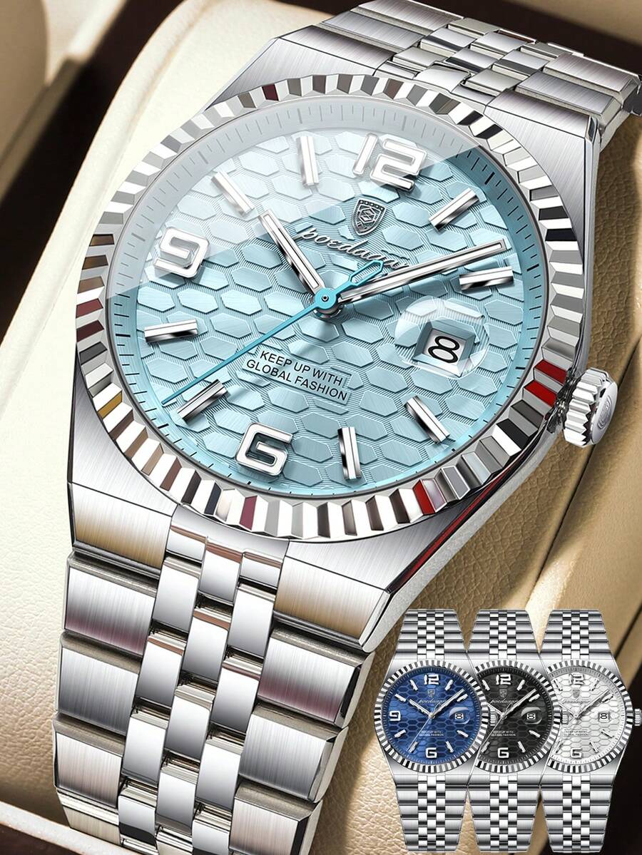 POEDAGAR 1pc Fashion Stainless Steel Date Quartz Men's Watches With Unique Textured Round Dial, Casual Waterproof Luminous Man Watch, Luxury Male Wristwatches Suitable For Business Occasions, Holiday Gifts For Men - 彩色 - 查看 1