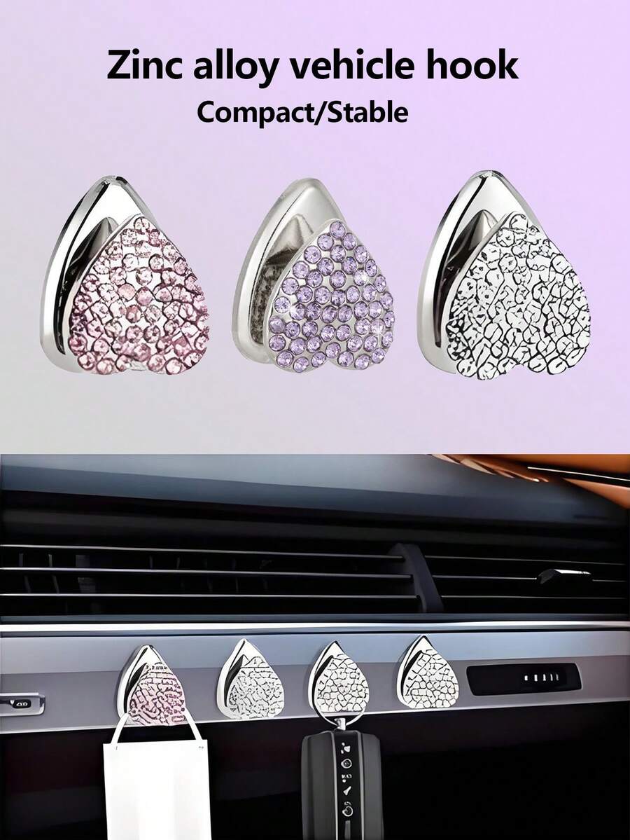 3 Stücke modische, täglich verwendbare, mit Diamanten verzierte Auto-Haken, miniaturisiert, schlank, stabil, herzförmig aus Zinklegierung, Auto-Montage-Klebestreifen Mini-Haken, Auto-Rücksitz Mini-Haken (mehrere Farben) - Autozubehör - Auto-Sitzaufbewahrungsclips