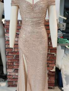 Women Elegant Evening Dress V-Neck Off Shouder Sexy High Wasit Sequin Pleated Party Dresses - Rượu sâm banh - Xem 2
