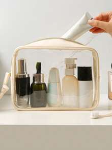 Geantă cosmetică mică transparentă pentru poșetă, geantă de machiaj mini transparentă pentru școală, geantă de machiaj transparentă drăguță pentru călătorie, geantă mică din piele albă pentru machiaj, geantă de toaletă, geantă pătrată impermeabilă cu fermoar, penar, geantă de ruj, geantă de machiaj, potrivită pentru studenți și uz zilnic, cadouri pentru prieteni și iubite.