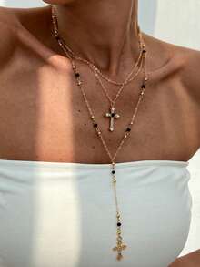 3pcs/Set Elegant Versatile Minimalist Layered Cross & Y-Shape Tassel Necklace, Suitable For Men & Women, Ideal For Holidays, Parties, Daily Wear, Wonderful Gift For Halloween, Christmas, Thanksgiving
