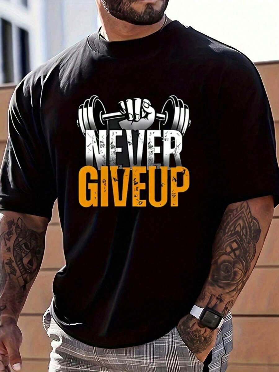 Never Give Up Fitness Dumbbell Graphic Oversized Tee,Comfortable Casual Short Sleeve, 220 Grams Heavyweight Cotton Printed T-Shirt,Halloween - Black - View 1