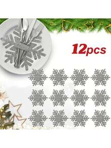 12 pièces Porte-couverts en feutre de flocons de neige de Noël, pinces à couverts, sets de table, décoration de table de fête de Noël pour ajouter de la couleur à votre table de fête de Noël, convient pour Noël et diverses fêtes