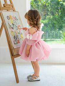 0-3岁女婴粉色蝴蝶结薄纱派对礼服，优雅公主裙，适合1岁生日派对、宴会、婚礼花童、休闲外出等场合。 - 粉色 - 查看 8