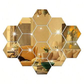 12/24/48pcs DIY Acrylic Mirror Wall Stickers, 3D Geometric Hexagon Acrylic Material, Hexagon Art Decor, For Home Decoration, Stickers, Wall Decor, Self-Adhesive & Reusable, Living Room Bedroom Decor, Shiny Mirror Finish Kitchen Decor