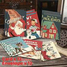 12pcs/24pcs Vintage Santa Claus & Reindeer Design Christmas Greeting Cards With Envelopes, Holiday & New Year Wishes, Chinese New Year Greetings, Christmas Winter Party Invitations, Christmas Decorations