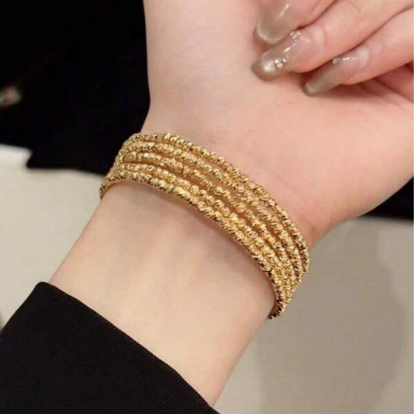 1pc Handmade Beaded 3-Layer/5-Layer Copper Electroplated Gold Color Bracelet, Lightweight Luxurious Multilayer Metal Bangle, Versatile Fashion Accessory For Women
