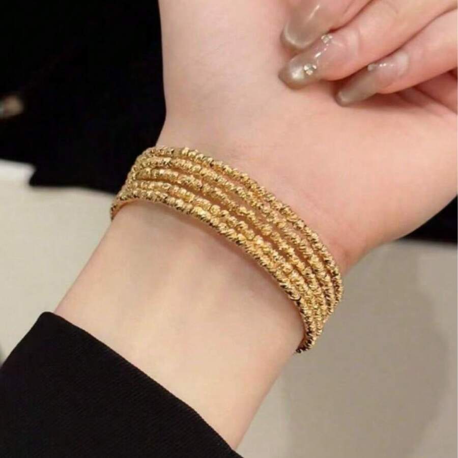 1 pieza Brazalete hecho a mano de 3 capas/5 capas con baño de cobre color dorado, brazalete metálico multicapa ligero y lujoso, accesorio de moda versátil para mujeres