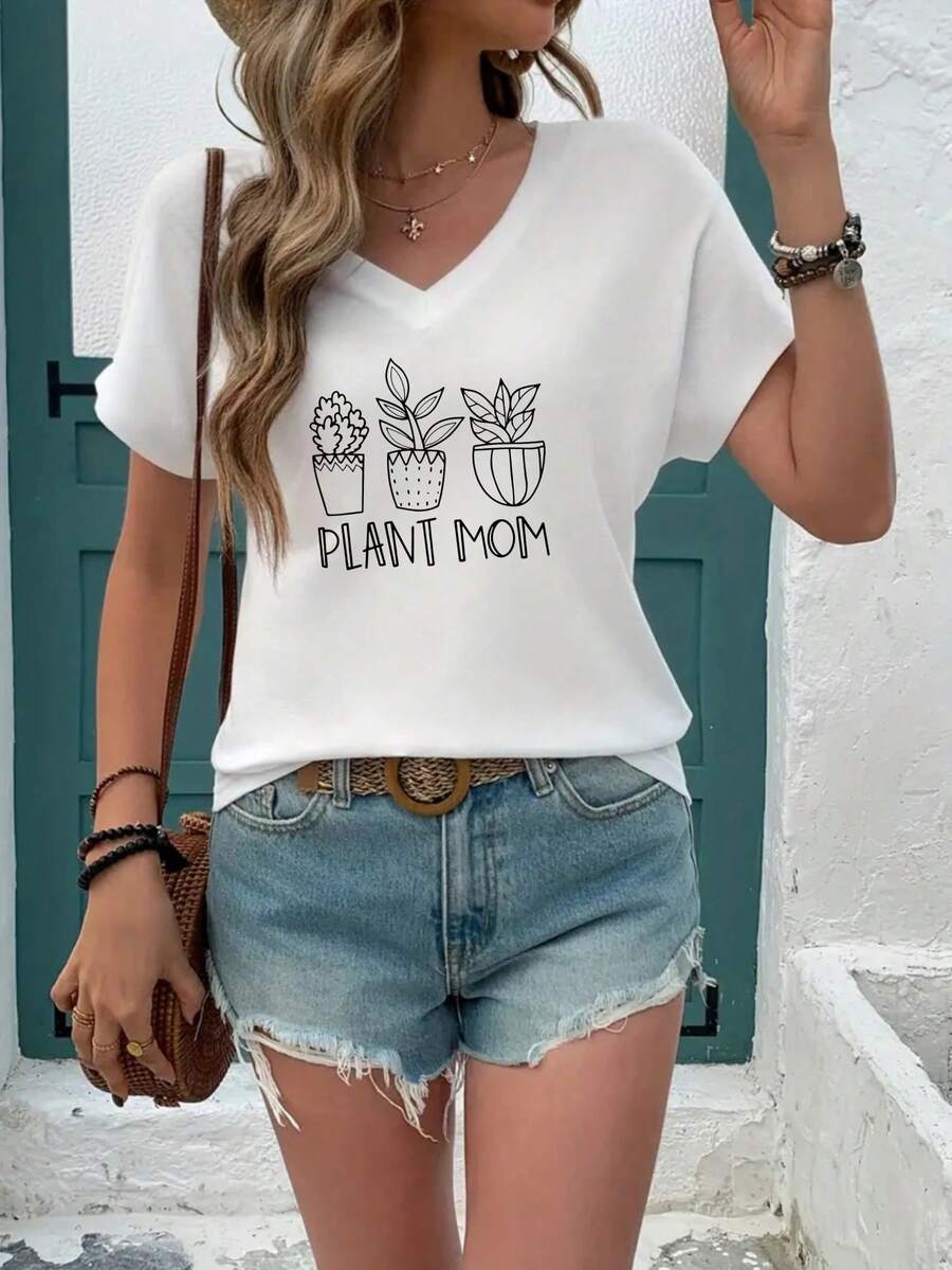 Women's V-Neck T-Shirt Plant Mom Graphic Tee For Ladies, Casual Summer Short Sleeve Top With Cactus Design, Comfortable Cotton Blend Fabric, Perfect For Plant Lovers And Gardening Enthusiasts, Clothing Fashion Style For Everyday Wear - 白色 - 查看 1