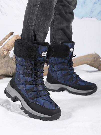 男士加厚保暖内衬雪地靴，防滑户外情侣冬季保暖防水靴，厚户外登山鞋，迷彩