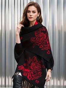 1pc Fringed Peony Flower Thickened Scarf Shawl Cloak Poncho Outerwear For Dress - Multicolor - View 12