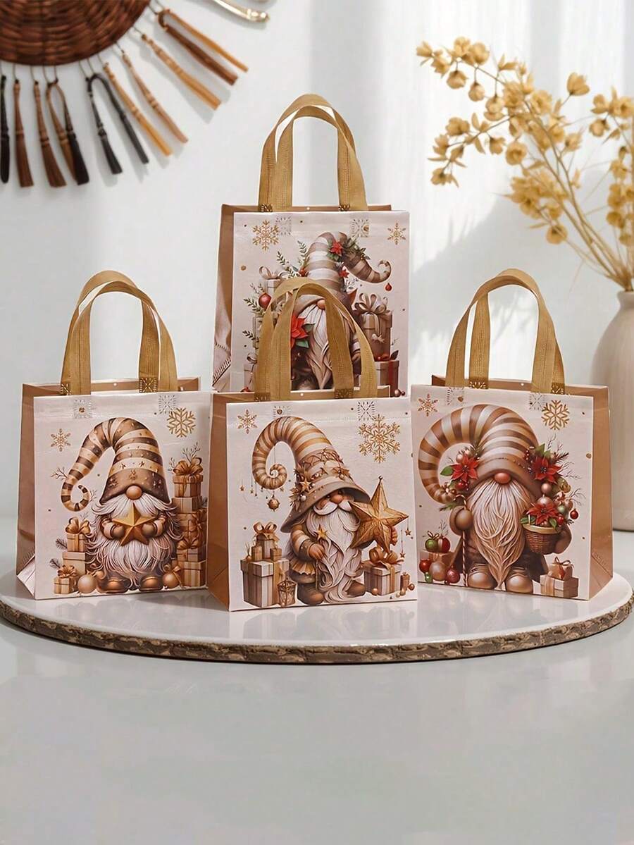 Set de 1 pungă cadou cu tematică de Crăciun aurie, pungi din material nețesut, pungi tote, pungi cadou de sărbători cu tonuri calde de aur și fulgi de zăpadă, decorate cu Moș Crăciun vesel, fulgi de zăpadă strălucitori, flori de Crăciun etc. Fiecare pungă are un mâner auriu confortabil, potrivit pentru întâlniri de familie.