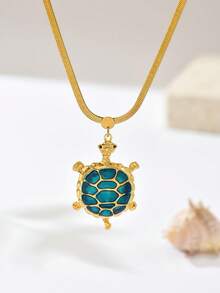 1 件女式 18K 镀金活力蓝海马吊坠项链，彩绘装饰吊坠配蛇骨链，适合海滩/夏季装扮