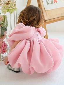 0-3岁女婴粉色蝴蝶结薄纱派对礼服，优雅公主裙，适合1岁生日派对、宴会、婚礼花童、休闲外出等场合。 - 粉色 - 查看 9