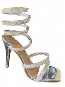 Women's Spiral Sandal With Rhinestones, Thin Heel And Shine - Silver - View 9
