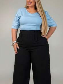 Calça de Linho Pantalona Plus Size Elegante com Detalhe de Lapelas - Preto - Visão 4