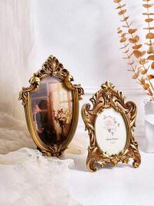 1PC, Retro Gold Photo Frame, Resin Material European Classical Pattern Decorative Photo Frame, Indoor Warm Home Decoration Photo Display Frame, Suitable For Photo Display And Photography Decoration Props - Multicolor - View 2