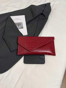 Bolsa envelope minimalista com aba e estampa de crocodilo em cor sólida, em PU moderno e casual - Borgonha - Ver 11