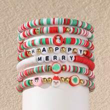 Set de 7 piezas/paquete de pulseras elásticas de cuentas de arcilla suave con diseño bohemio de Navidad en rojo, blanco y verde - Colgante de Papá Noel, árbol de Navidad, cuentas con letras, pulsera de , pulsera para compartir en familia (color aleatorio - sin tarjeta)