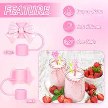 Tapas de pajita de paja con lazo, lindos protectores de pajita rosa con lazo, reutilizables y portátiles para cubrir pajitas de 0.4 pulgadas, accesorios para tazas - Rosa - Ver 5