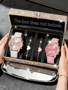 4 件女孩简约数字表盘石英腕表 + 心形手链，返校礼物 - 彩色 - 查看 12