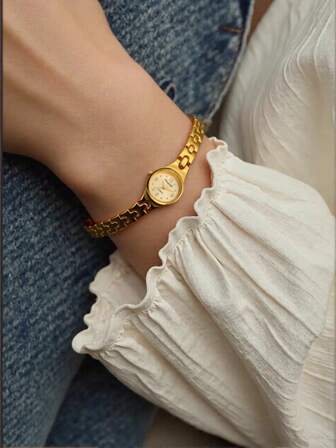 1 pieza Reloj de mujer pequeño, elegante y sencillo. Marca de lujo, dorado, pequeño y lindo. Reloj de cuarzo para mujer, ideal para el Día de la Madre. Elegante reloj dorado pequeño. Exquisito reloj de cuarzo para mujer, exquisitamente pequeño y súper elegante.