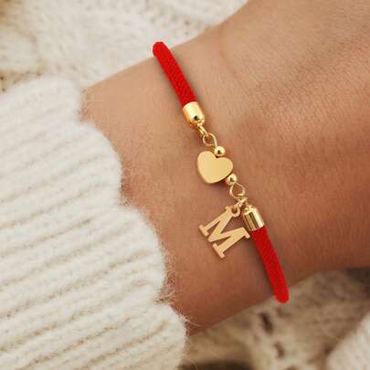 1 pièce Nouveau bracelet réglable en cordon avec lettre en cœur en acier inoxydable doré classique, pour femmes
