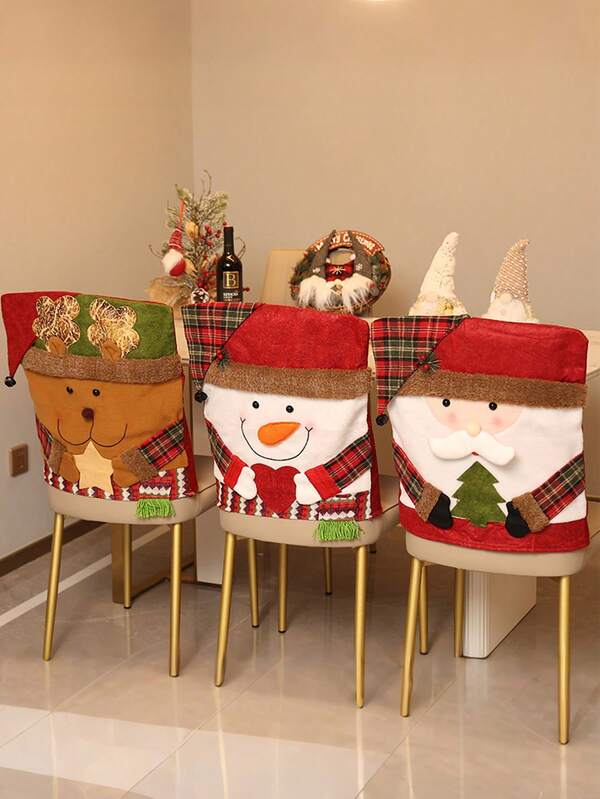 Juego de fundas para sillas navideñas, fundas para respaldos de sillas con diseños de Papá Noel, muñeco de nieve y renos con gorro de Papá Noel, decoraciones navideñas para interiores, fundas para sillas de comedor, decoración navideña para la cocina