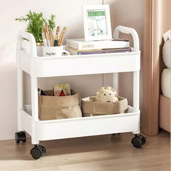 带轮子的双层多功能办公室储物车，紧凑型设计，独立式储物架，适用于办公室/厨房/浴室/卧室