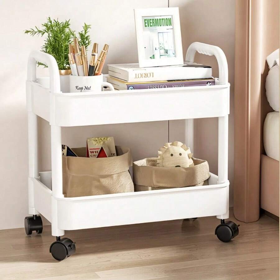 Carrello portaoggetti multifunzionale a 2 ripiani con ruote, design compatto, scaffale portaoggetti indipendente per ufficio/cucina/bagno/camera da letto