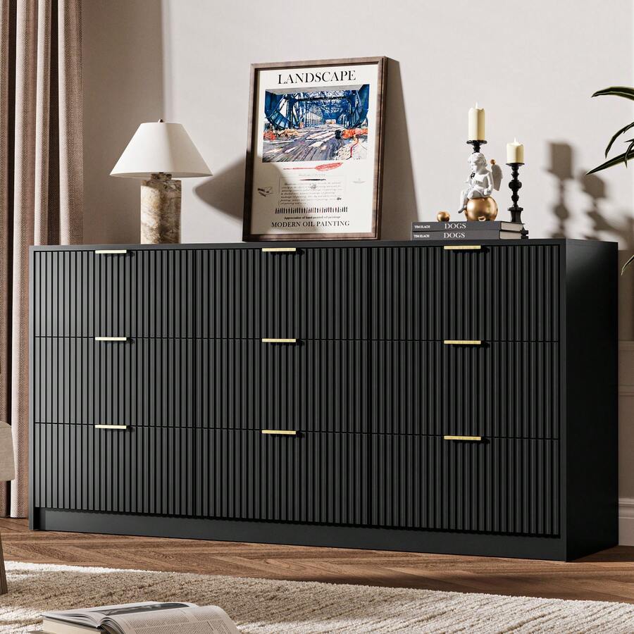 BVFUKA 9 Drawer Dresser Fluted Modern Wide Chest Gold Handles Storage Cabinet For Bedroom Living Room Entryway - 黑色 - 查看 1