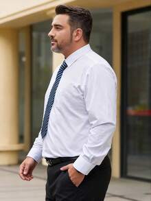 Plus Size Men's Solid White Shirt, New Classic White Long Sleeve Shirt, Elegant Shirt Top For Autumn - White - View 4