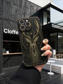 1pc Fashionable Gold Medal Deer Pattern Black Straight Edge Shockproof Protective Phone Case, Suitable For Men And Women, Ideal Choice For Fashion Enthusiasts, Minimalist And Stylish Design Compatible With Apple/Infinix/Vivo/OPPO