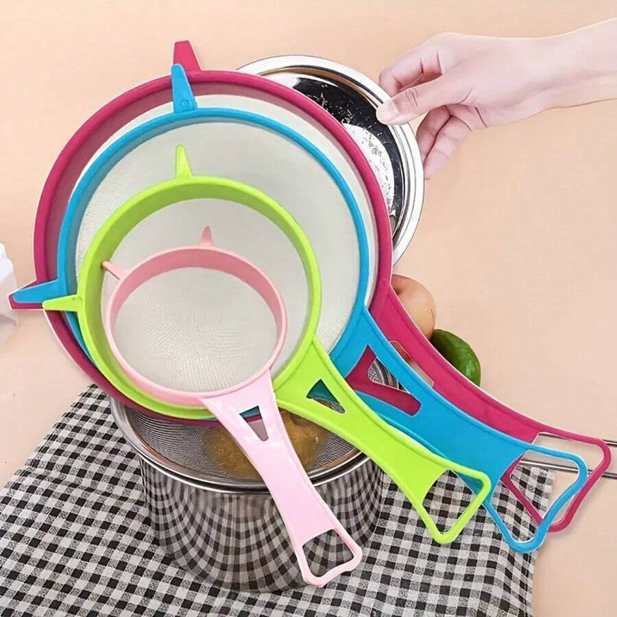 Bộ 4 rây lọc bằng nhựa, bộ rây lọc nhà bếp, rây lọc thực phẩm, sữa đậu nành, bột mì, rây lọc cán dài, rây lọc đường, rây lọc trà mịn, dụng cụ phụ kiện nhà bếp - Nhiều màu - Xem 1