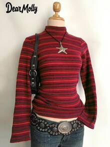 DEAR MOLLY Weihnachten gestreifter figurbetonter Langarm Rundhals Strickpullover, Damen elegante Mode Lässig vielseitige Strickware geeignet für Weihnachten, Silvester Party, Boho-Stil Winteroutfit, Valentinstag Geschenk