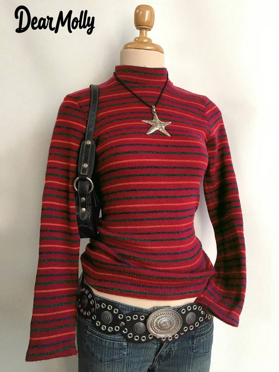 DEAR MOLLY 圣诞条纹修身长袖圆领针织衫，女士优雅时尚休闲百搭针织衫，适合圣诞节、新年派对、波西米亚风冬季、情人节礼物 - 紅色 - 查看 1