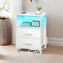 Mesita de noche con estación de carga, mesita de noche LED con 2 cajones de tela y estante de almacenamiento para dormitorio, mesita de noche con puerto USB y enchufe, adecuada para sala de estar / dormitorio - Blanco - Ver 13