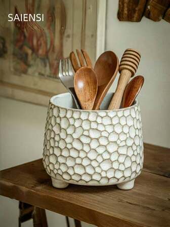 Pinecone Shaped 3-Legged Ceramic Storage Jar, Unique Kitchen Tool Holder, Decorative Tabletop Organizer